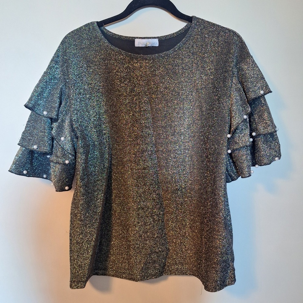 Paradiso Silver Glitter Ruffle Pearl Sleeve Blouse Top Size XL